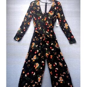JustFab Black Floral SunWide Leg Pants Jumpsuit Women's M Tie Waist NWT $64.95